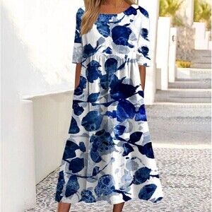 Blue White Watercolor Midi Dress Pleated Pockets Short Sleeve Size Small